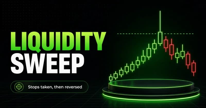 Neon candlestick wicking above a level then closing back below beside a LIQUIDITY SWEEP headline