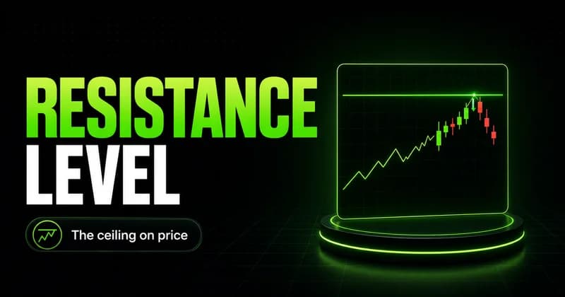 Resistance level cover: neon green candlestick chart rising into a horizontal ceiling line and getting rejected