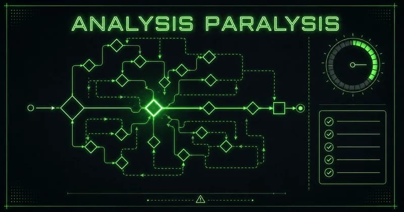 Academic decision-tree cover showing analysis paralysis resolved by a clear execution path