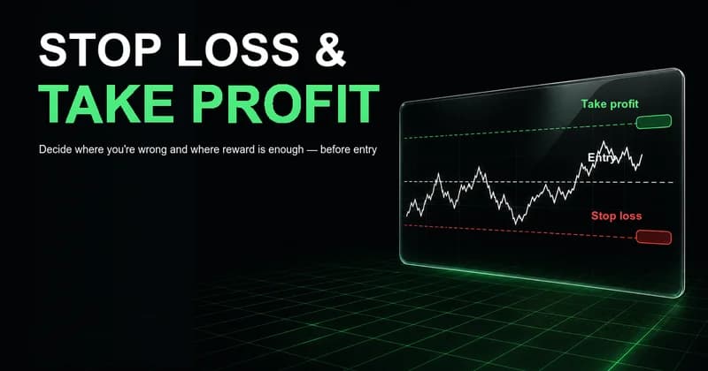 Neon headline "Stop Loss & Take Profit" beside a price chart with a red stop loss below entry and a green take profit above, captioned "Decide where you're wrong before entry."