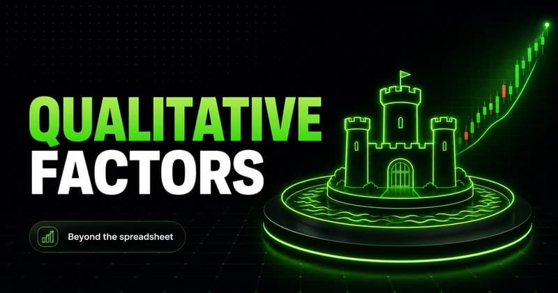 Neon castle-and-moat icon beside a QUALITATIVE FACTORS headline for fundamental analysis