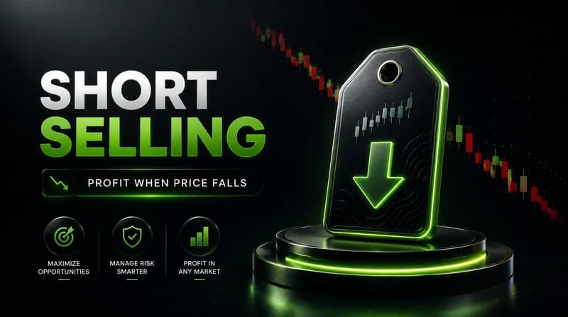 Short selling hero: neon green price tag with down arrow on a podium over a falling red candlestick chart