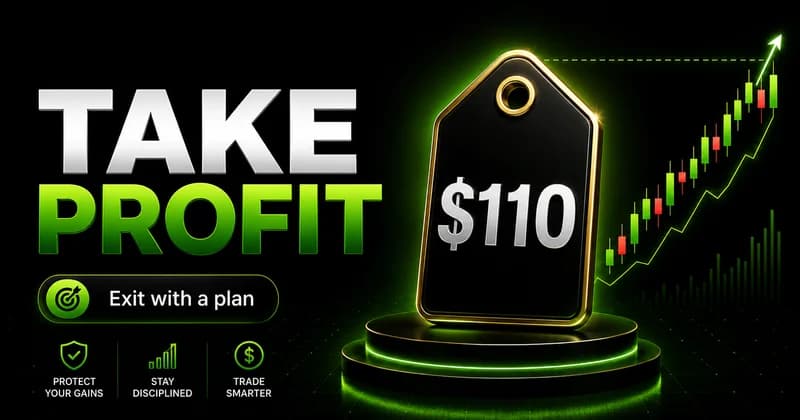 Take profit cover with a glossy $110 price tag, rising green candlesticks and an "Exit with a plan" badge