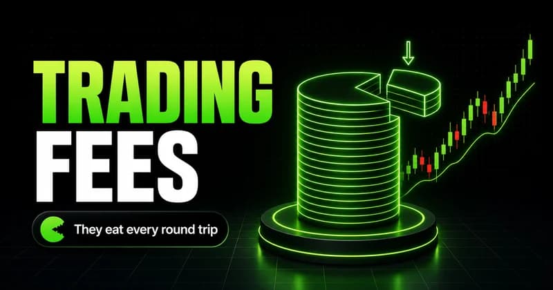 Neon coin stack with a slice shaved off beside a TRADING FEES headline