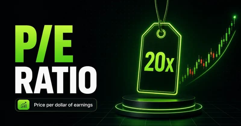 Neon price tag reading 20x beside a P/E RATIO headline