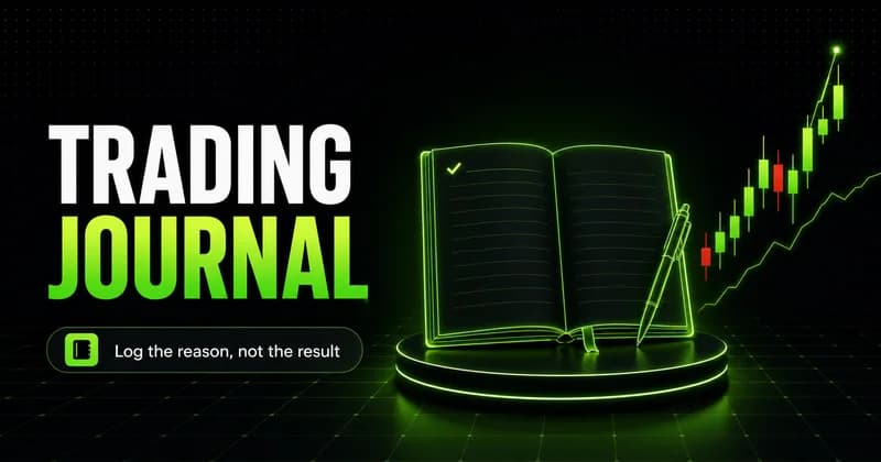 Neon Trading Journal cover with a glowing open notebook, pen, and rising candlestick chart: log the reason, not the result