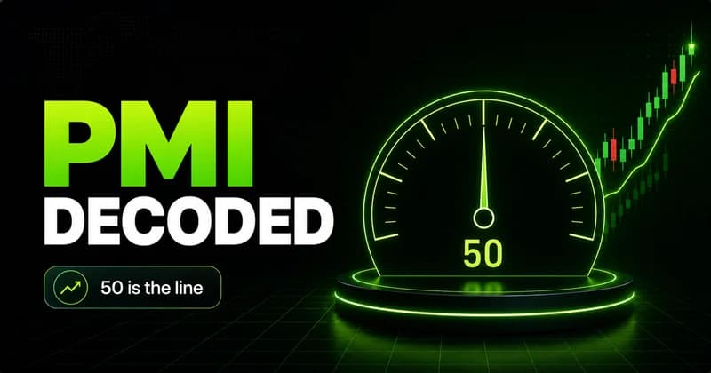 Neon gauge centred on 50 beside a PMI DECODED headline, the purchasing managers index expansion line