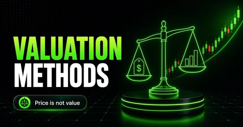 Neon balance scale weighing a price tag against a value bar chart beside a VALUATION METHODS headline