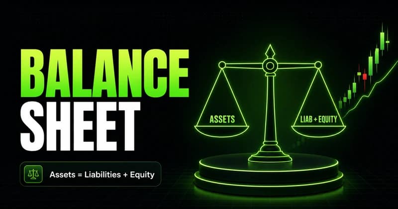 Neon level balance scale of assets against liabilities and equity beside a BALANCE SHEET headline