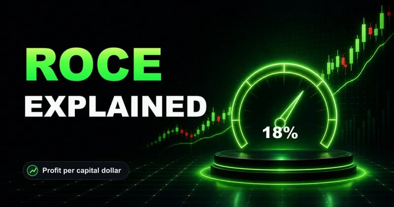 Neon percentage gauge reading 18% beside a ROCE EXPLAINED headline for return on capital employed