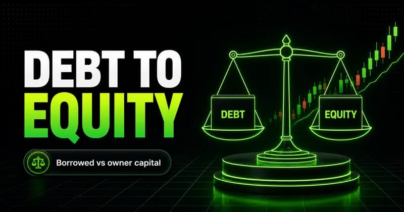 Neon balance scale weighing debt against equity beside a DEBT TO EQUITY headline