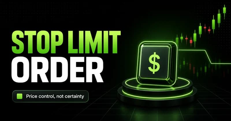 Stop limit order banner with neon dollar tile, candlestick chart, and a "Price control, not certainty" badge
