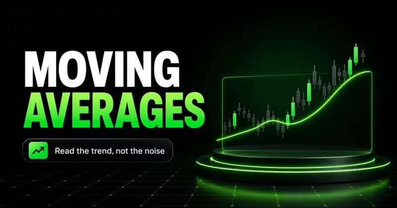Moving averages cover: neon title over a glass panel showing candlesticks and a rising smoothed average line