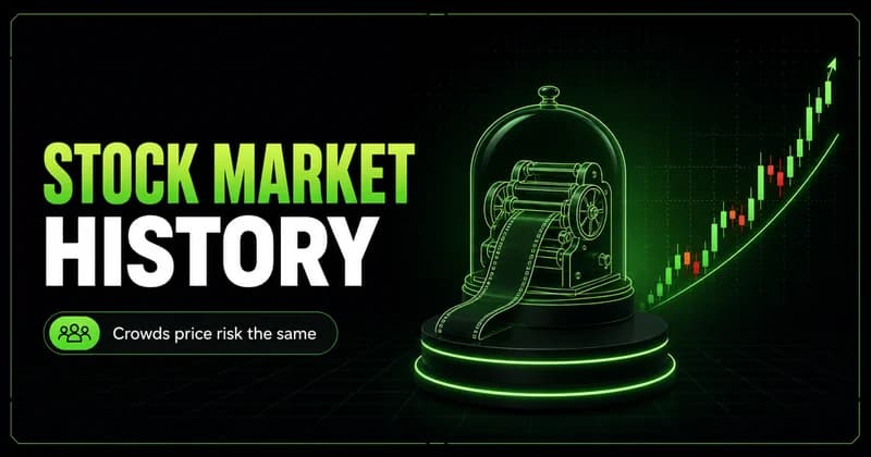 Neon vintage ticker-tape machine beside a STOCK MARKET HISTORY headline