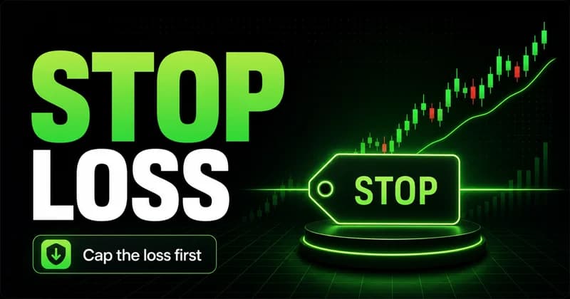 Neon "Stop Loss" title beside a glowing STOP price tag and a rising candlestick chart on a dark grid