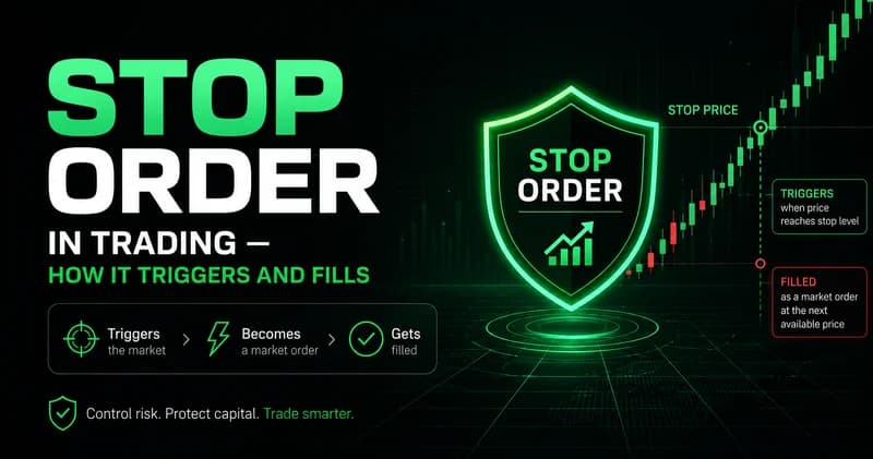 Neon stop order trading hero: green shield badge on a rising chart, labeling stop price, trigger and market-order fill