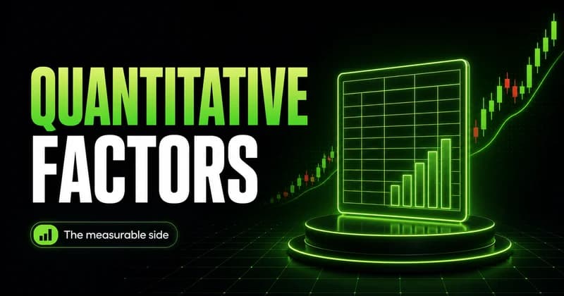 Neon spreadsheet-and-chart icon beside a QUANTITATIVE FACTORS headline for fundamental analysis