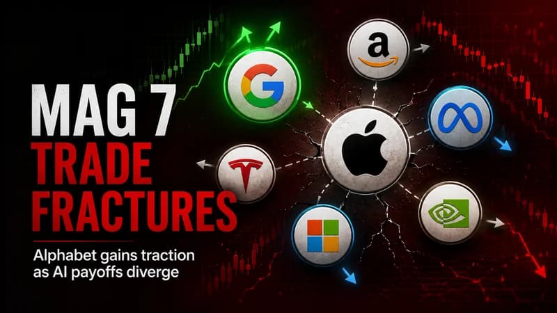 Financial cover showing Mag 7 logos splitting apart with green gains for Alphabet and red market weakness