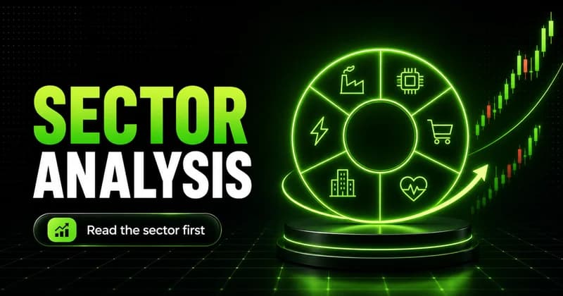 Neon segmented sector wheel with a rotation arrow beside a bold SECTOR ANALYSIS headline