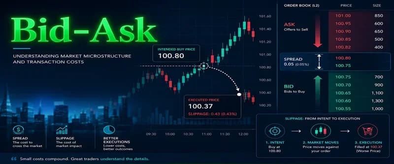 Trading screen with bid and ask quotes — bid-ask spread and slippage explained in practical terms
