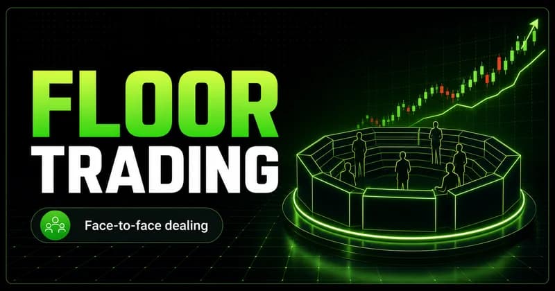 Neon octagonal trading pit with figures beside a FLOOR TRADING headline