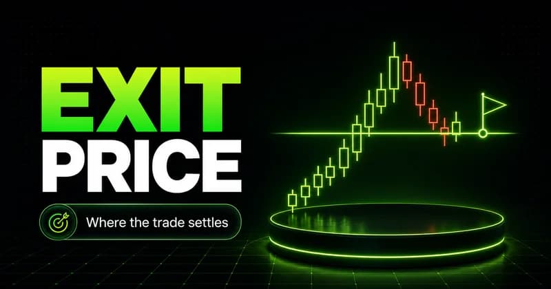 Neon candlestick chart with a marked exit level and flag beside an EXIT PRICE headline
