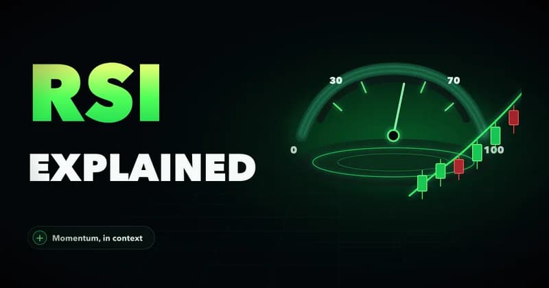 Neon 0-to-100 momentum meter with 30 and 70 bands beside an RSI EXPLAINED headline
