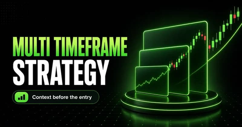 Neon multi timeframe trading strategy cover with three stacked chart panels and a rising green trend