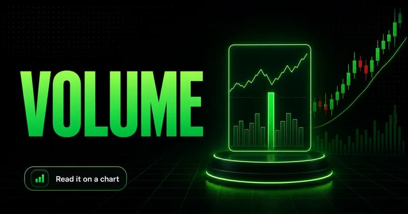 Neon "VOLUME" title beside a screen showing a price line, volume histogram, and rising candlestick chart.