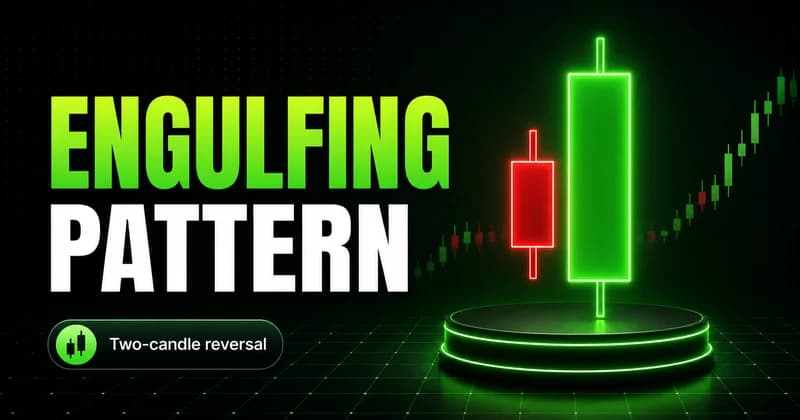 Neon large green candle engulfing a small red one beside an ENGULFING PATTERN headline