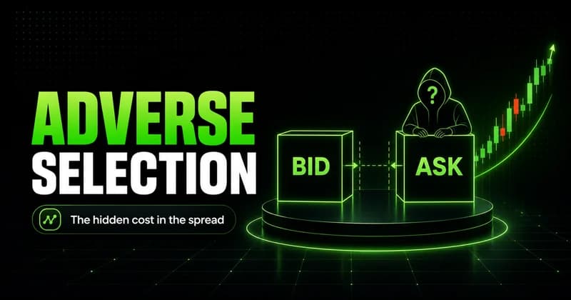 Neon bid-ask spread with a masked informed trader beside an ADVERSE SELECTION headline