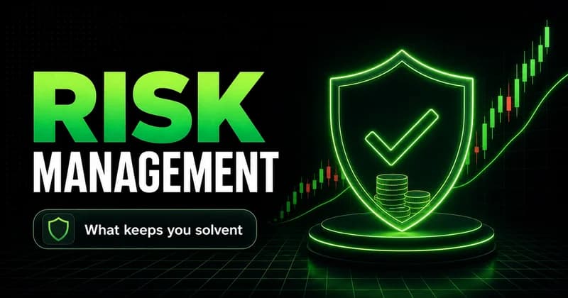 Neon green "Risk Management" cover with a checkmark shield guarding a coin stack and a rising candlestick chart