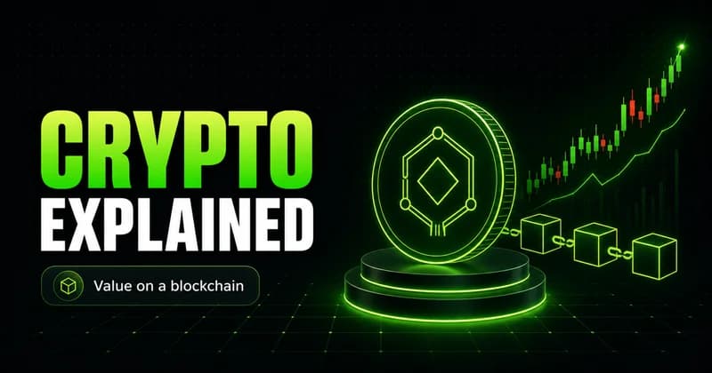 Neon generic digital coin linked to a blockchain beside a CRYPTO EXPLAINED headline