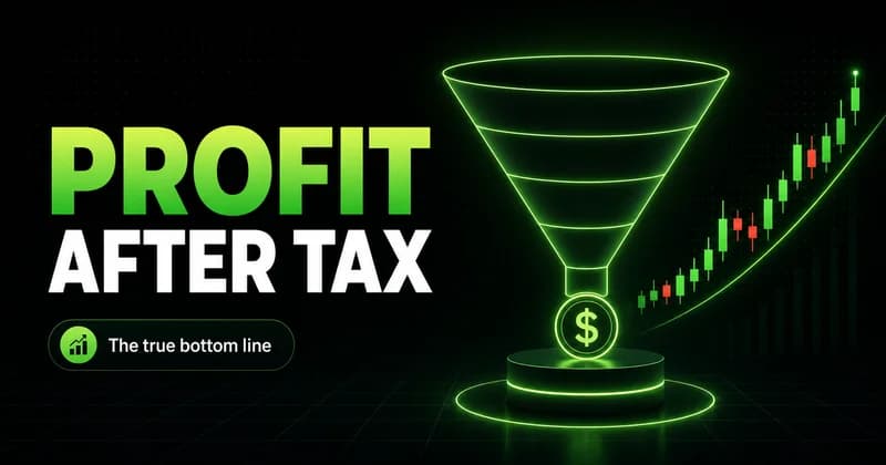 Neon funnel narrowing revenue to an after-tax coin beside a PROFIT AFTER TAX headline