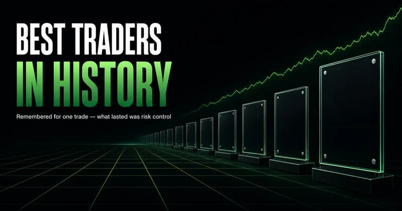 Neon headline "Best Traders in History" beside a row of blank glass plaque silhouettes over a long-horizon equity curve, captioned "Remembered for one trade — what lasted was risk control."