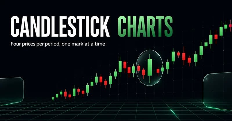 Neon headline "Candlestick Charts" over a rising sequence of green and red candles with one highlighted, captioned "Four prices per period, one mark at a time."