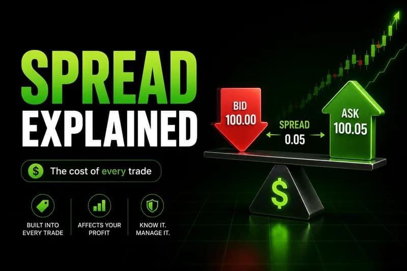 "Spread Explained" neon graphic: red bid 100.00 and green ask 100.05 arrows on a scale, 0.05 spread between them
