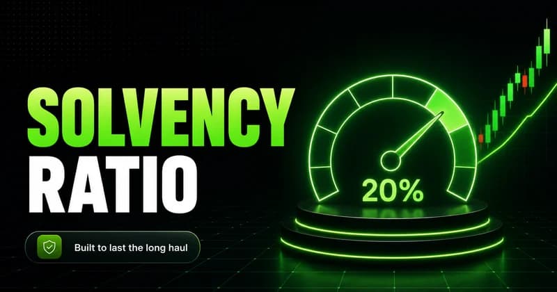 Neon percentage gauge reading 20% beside a SOLVENCY RATIO headline