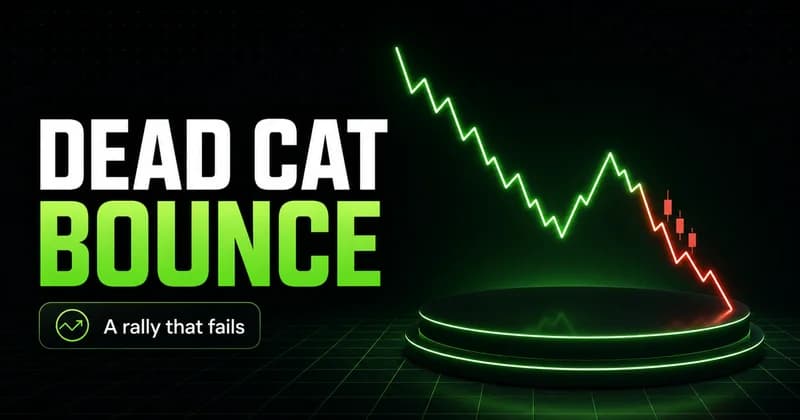 Neon downtrend with a small failing bounce beside a DEAD CAT BOUNCE headline