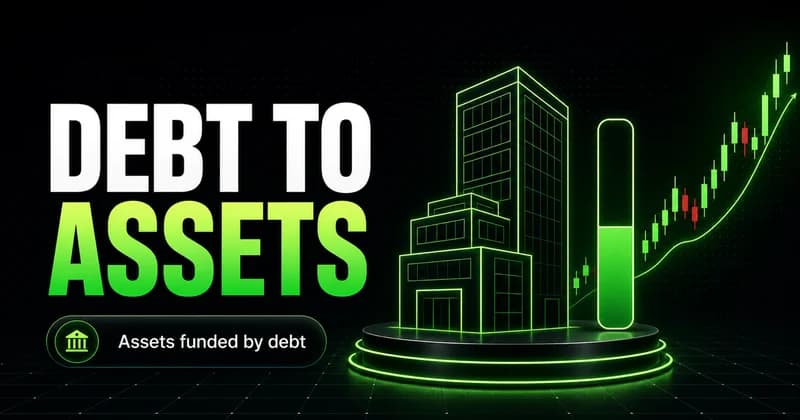 Neon building with a debt fill meter beside a DEBT TO ASSETS headline