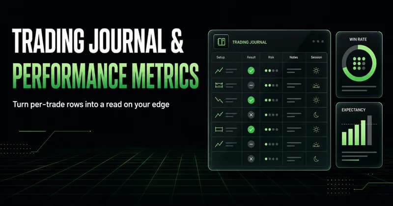 Neon headline "Trading Journal & Performance Metrics" beside a glass journal table of trade rows with metric chips, captioned "Turn per-trade rows into a read on your edge."