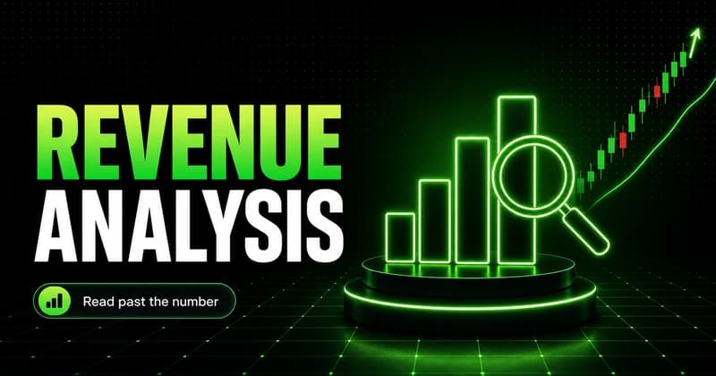 Neon rising bar chart with a magnifier beside a REVENUE ANALYSIS headline