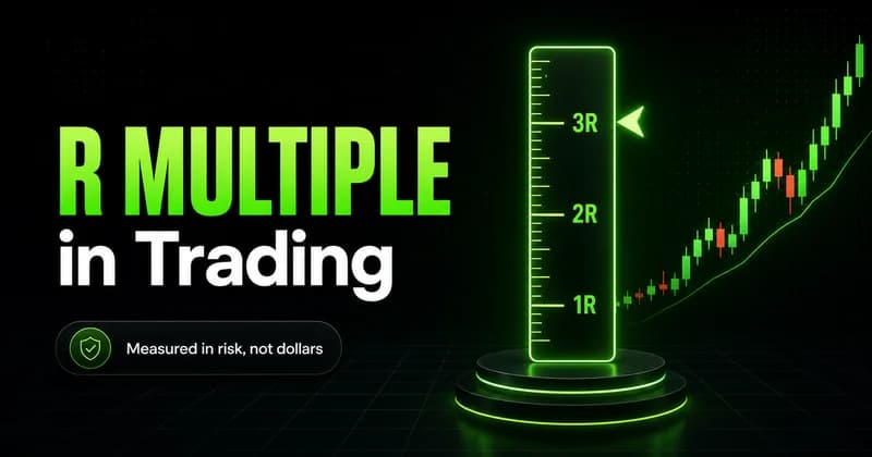 Neon R multiple gauge marked 1R, 2R, 3R beside a rising candlestick chart, tagged measured in risk not dollars.