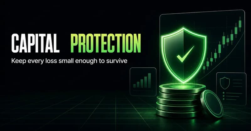 Neon headline "Capital Protection" beside a glowing green shield over a stack of generic coins, captioned "Keep every loss small enough to survive."