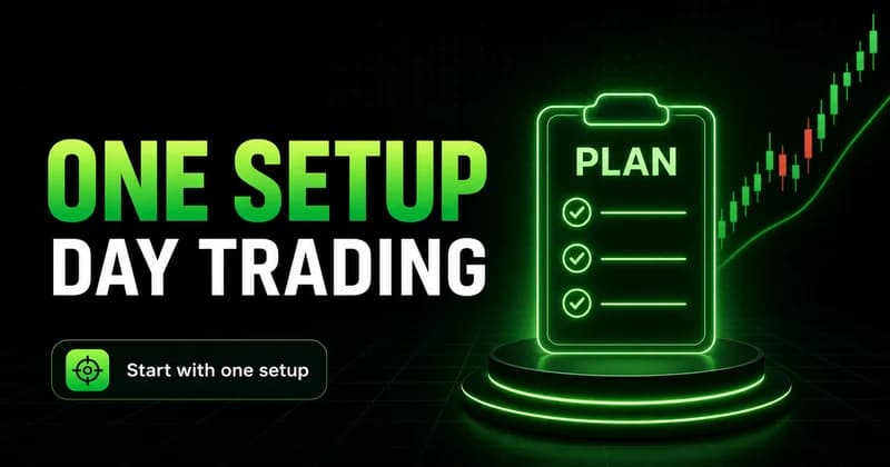 Neon day trading strategy cover with a glowing PLAN checklist card and the headline One Setup over a rising chart