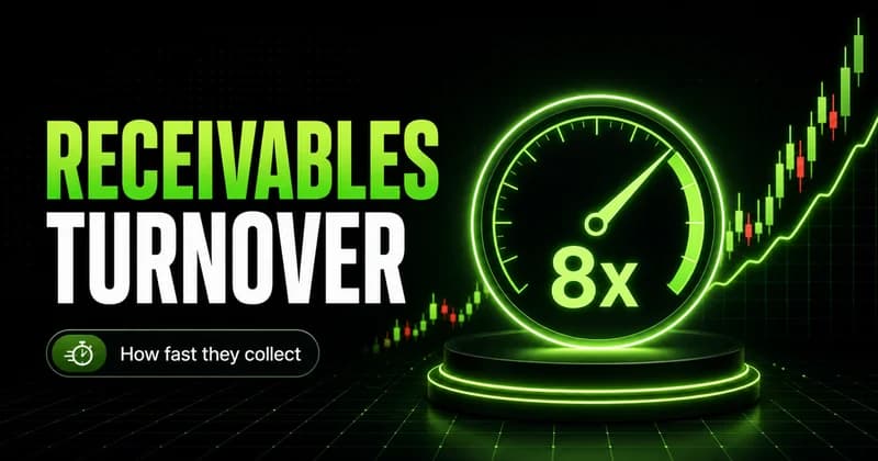 Neon efficiency gauge reading 8x beside a RECEIVABLES TURNOVER headline