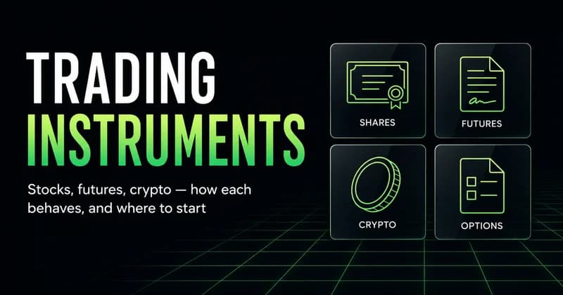 Neon headline "Trading Instruments" beside a 2x2 grid of generic icons for shares, futures, crypto and options, captioned "Stocks, futures, crypto — how each behaves, and where to start."