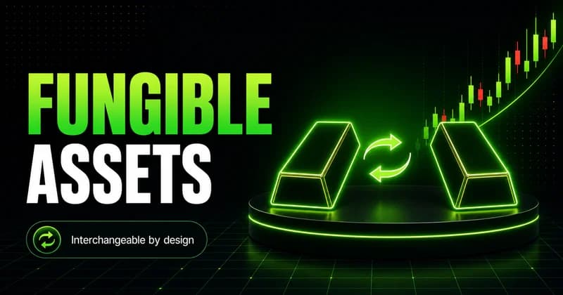 Neon identical gold bars with a swap arrow beside a FUNGIBLE ASSETS headline