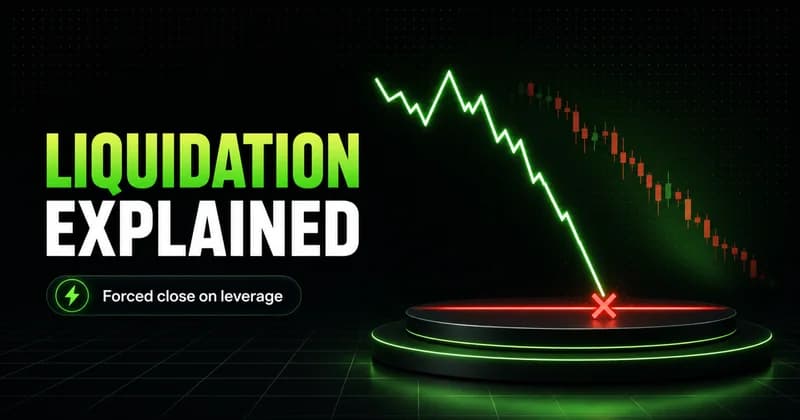 Neon price line crashing into a red liquidation floor beside a LIQUIDATION EXPLAINED headline