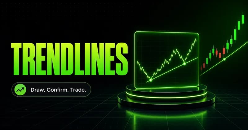 Neon "Trendlines" cover with a glowing monitor on a podium showing a rising trendline and candlesticks